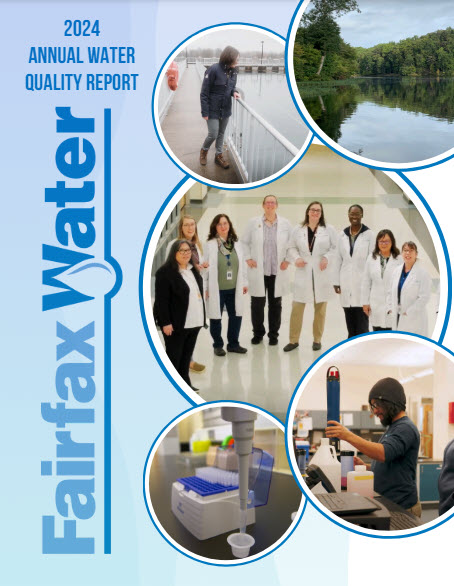 cover of the 2024 Annual Water Quality Report featuring photos of staff members working in the lab