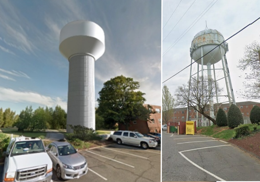 On the left is a rendering of the proposed new tank. It is sleek and modern. On the right is the existing tank, which is outdated at 75 year old.