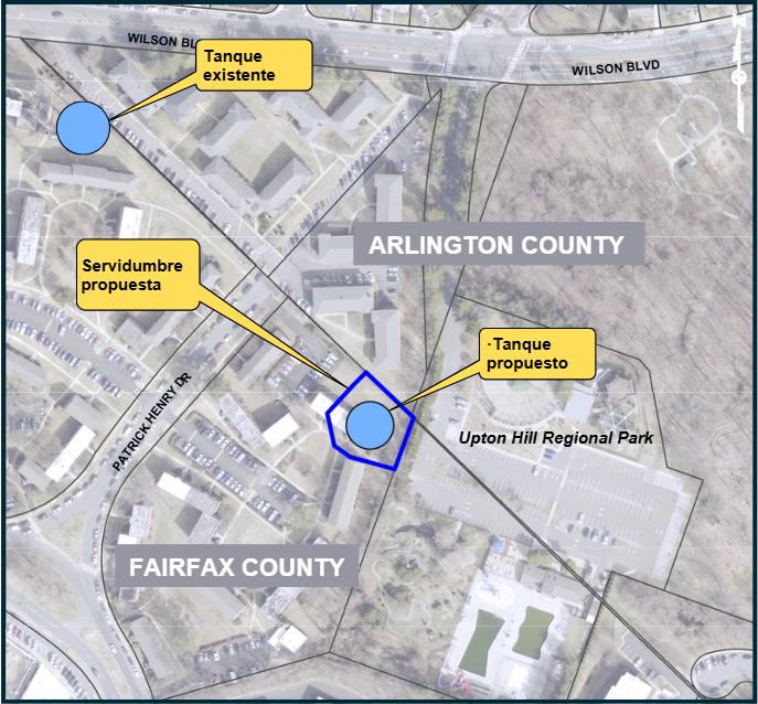 Mapa que muestra la ubicación del tanque de agua Willston existente y el lugar propuesto para el nuevo tanque.