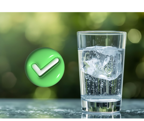 Glass of tap water with a check mark next to it